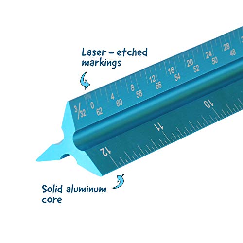 Architectural Scale Ruler, Engineer Drafting, Triangular - American Standard. 6 Sides, 11 Scales. Made of Laser Engraved Anodized Turquoise Aluminum. 12” Long. 100% Accuracy. Bonus Steel Ruler - Thumbnail 7