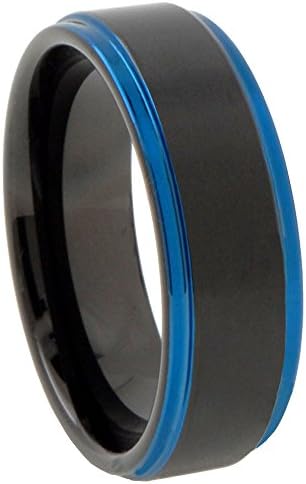 EMFY Tungsten Carbide Matte Black Blue Step Edges Ring Size 11.5