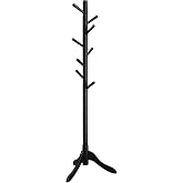 VASAGLE Solid Wood Coat Rack, Free Standing, Tree-Shaped, with 8 Hooks | Coat Tree，3 Height Options, for Clothes, Hats, Bags, for Living Room, Bedroom, Ink Black, ANDI Collection URCR001B01