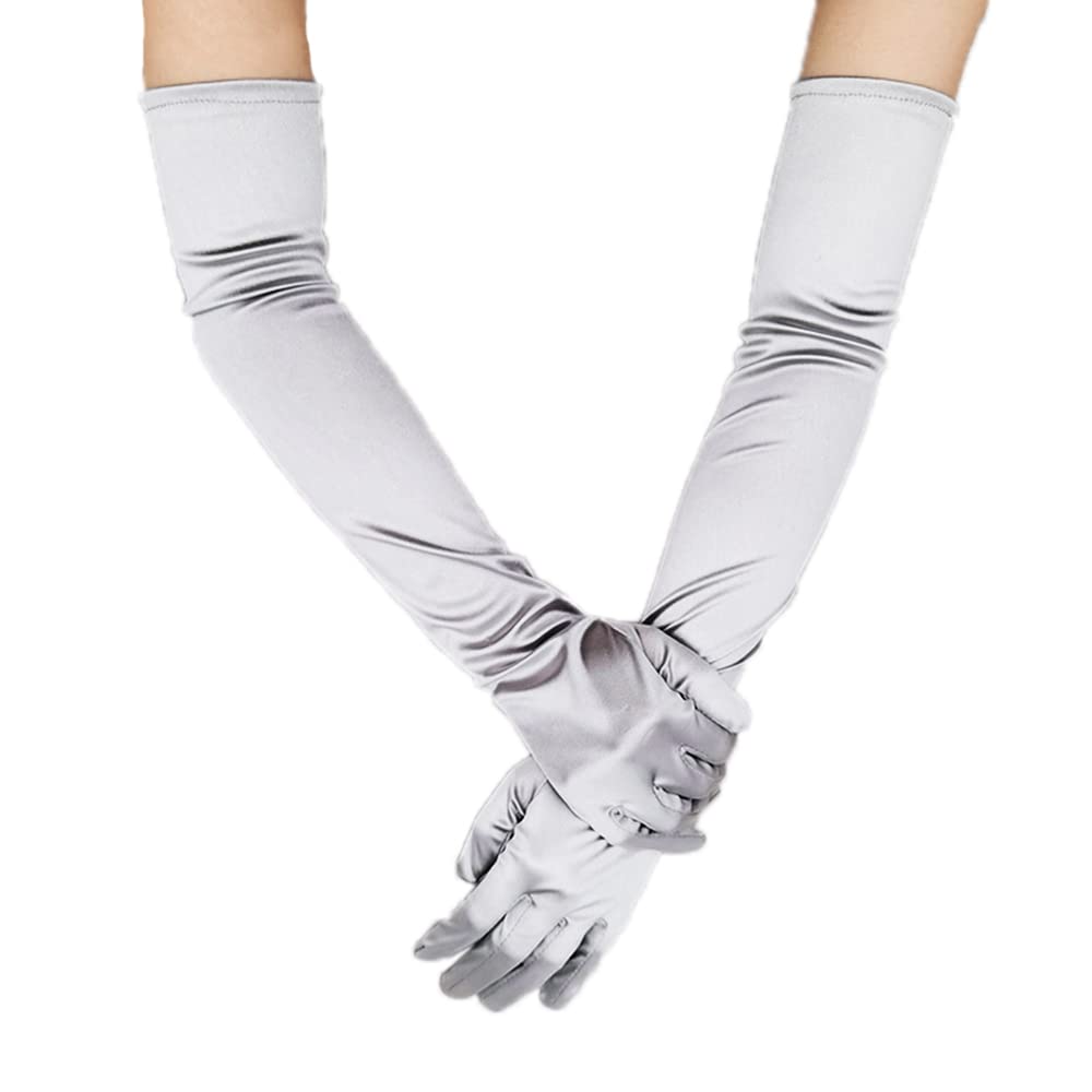 Duories Classic Women's Gloves Long Elastic Elegant 1920s Style Evening Gloves Satin Gloves Gothic Opera Festival Party Wedding Bridal Gloves for Festive Fancy Dress Costumes Carnival Silver