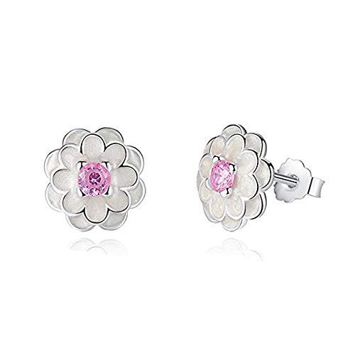 925 Sterling Silver Stud Earrings Cherry Blossom White Enamel Fine Jewelry Women Earring Brincos(Flower-A)
