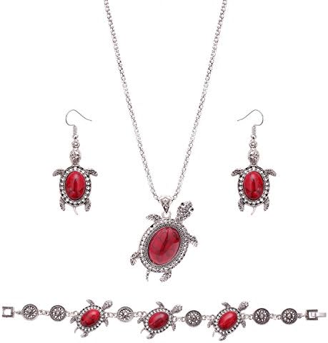 OUFO Women Fashion Turtles Style Red Turquoise Jewelry Elegant Bracelet Necklace Earring Ocean Fish Charm Sets (3151)