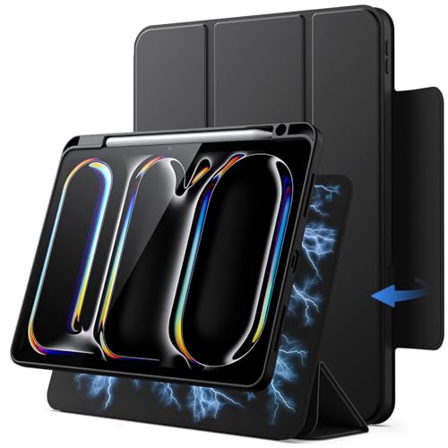 JETech Detachable Magnetic Case for iPad Pro 11 Inch M5/M4 (2025/2024) with Pencil Holder, Removable Rotating Clear Case, Portrait/Landscape Stand (Black)