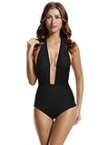 zeraca Women's Deep Plunge Backless High Waisted One Piece Swimsuit Swimwear (L14, Black)