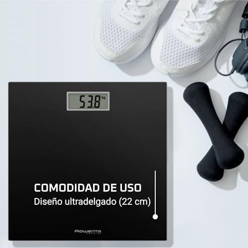 Rowenta bs1400 premiss - balança de banheiro com display lcd, design fino, 2cm de altura, até 150kg e precisão de 100g, liga e desliga automática, preto
