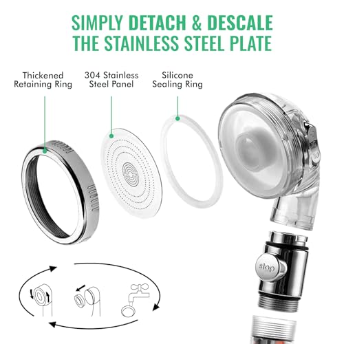 Shower Head High Pressure by StoneStream® Original Filter Shower Head for Hard Water with 3 Spray Settings — with EcoStop Button (ON/Off) for Non-Electric Showers Only