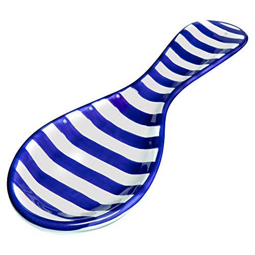 City to Cottage Handmade Dark Navy Blue Stripe Ceramic Kitchen Cooking Spoon Rest | Pottery Utensil Holder | Housewarming Gift