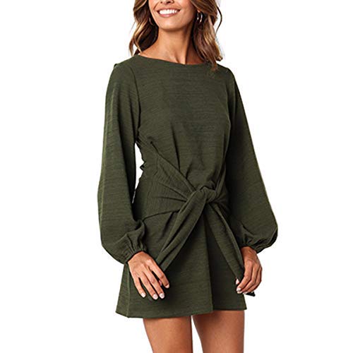 EbuyGo Women\'s Long Sleeve Casual Round Neck Wear to Work Casual Pencil Dress Belt