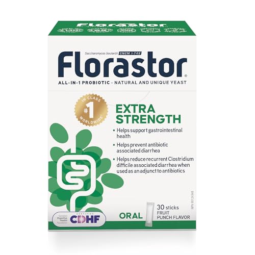 Florastor Extra Strength - Saccharomyces Boulardii CNCM I-745 - Daily All in One Probiotic - Supports Gut Health & Immune System - Antibiotic-associated diarrhea - For Adults - 30 sticks