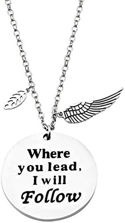 Where You Lead I Will Follow Hand Stamped Disc Necklace with Leaf and Wing Charm (where you lead)
