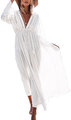 Leindr Womens Casual Long Sleeve Lace Beach Holiday Maxi Dress Sexy Deep V-Neck Bikini Cover Up Ties Boho Beach Dresses Free Size White