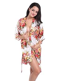DF-deals bata de satén con flores para novia y dama de honor, para bodas, albornoz de lactancia corto, para mujer