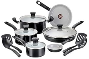 T-fal Initiatives Ceramic Non Stick Cookware Set 14 Piece, Oven Broiler Safe 350F, Kitchen Cooking Set W/ Fry Pans, Saucepans, Dutch Oven, Utensils, Healthy Cooking, Pots and Pans, Home, Black