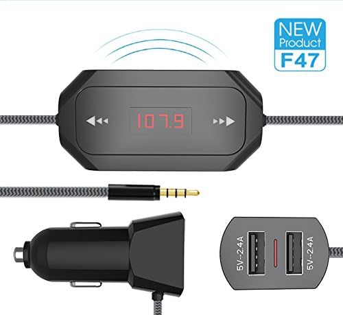 Aogek universal built-in music FM transmitter radio adapter with 2X2.4A usb car charger ports 24W for any mobile devices with 3.5mm audio plug,Black