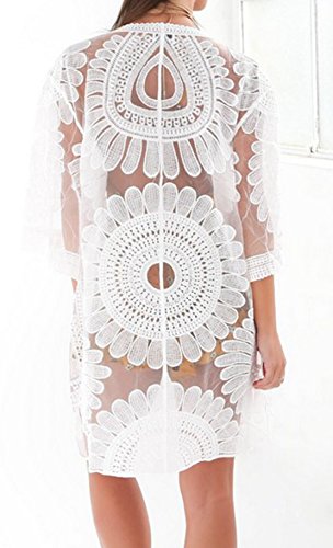 Bywen Women Open Front L Beachwear Bathing Suit Swimsuit Beach Bikini Cover Ups Boho Kimono Cardigan Blouse Tops White - Thumbnail 3