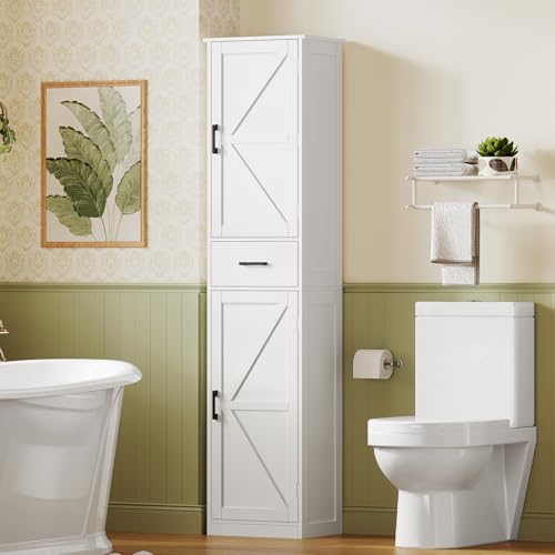 TEENFON 67" H Pantry Storage Cabinet, Bathroom Cabinet with 3 Door Shelves & 1 Drawer, Tall Kitchen Pantry Cabinet for Living Room, Bathroom, Kitchen, White