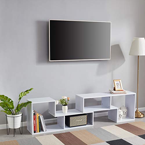 Sunon TV Stand Entertainment Center Media Console Stand Adjustable Wood Bookcase Storage Shelf for Living Room (White)