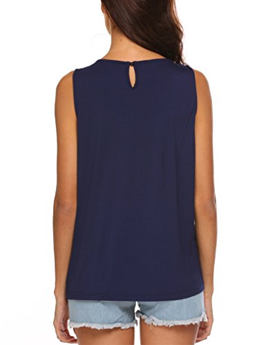 Locryz Women's Summer Sleeveless Pleated Back Closure Casual Tank Tops (L, Navy Blue)