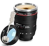 Coffee Mug-Camera Lens Travel Thermos Stainless Steel Insulated Lens Coffee Cup with Easy Clean Lid,Black - Photographer Camera Mug,Travel Coffee Cup Go with Stainless Steel Flower Spoon,Fanatek