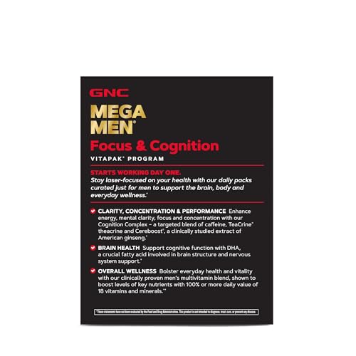 GNC Mega Men Focus and Cognition Vitapak Program, Convenient, Complete Nutrition, 3 Products in 1 Packet, Clarity, Focus, Energy, Concentration, Works on Day One, 100mg Caffeine, 30 Daily Packs
