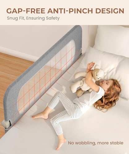NBHOOHOO Toddler Bed Rail 71 Inch - Foldable Swing Down Bed Rails for Toddlers, Gap Free Double Crossbar Safety Bed Guard Rail for Kids, No Tool Install Fence for Twin Full Queen King Beds, Grey