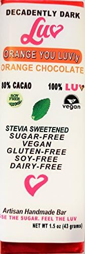 LUV Dark Chocolate Bar, Orange - Sugar Free 80% Cacao - Vegan, Gluten Free, Dairy Free - 1 bar