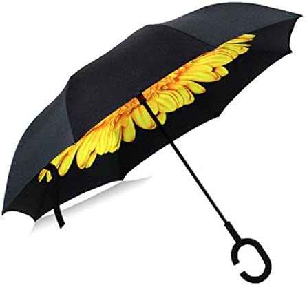 Camphelper C-Handle Double Layer Windproof UV Protection Reverse Umbrella Sun &amp; Rain Folding Umbrella (Sunflower)