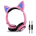 Dragon Touch Cat Ear Headphones Foldable Over-Ear Gaming Headsets Wired Earphone with LED Glowing Lights for PC Laptop Computer Tablet iPhone and Android Mobile Phone - Pink