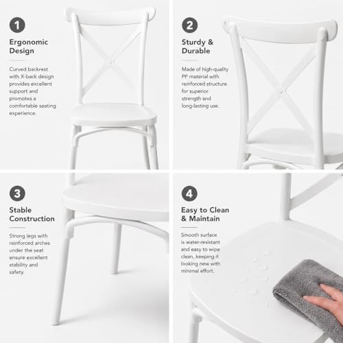 MARCOLO Amalfi Cross Back Chair, Modern Plastic Dining Chair, Lightweight & Durable, Weather and UV Resistant Indoor/Outdoor Chair for Kitchen, Dining Room, Café & Patio (White)