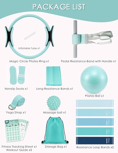 Pilates Essentials Kit for Women, Pilates Kit for Home Workouts with Pilates Ring, Mini Ball, Resistance Bands, Pedal Resistance Band, Yoga Strap, Socks, Bag, Pilates Equipment for Starter, Beginners