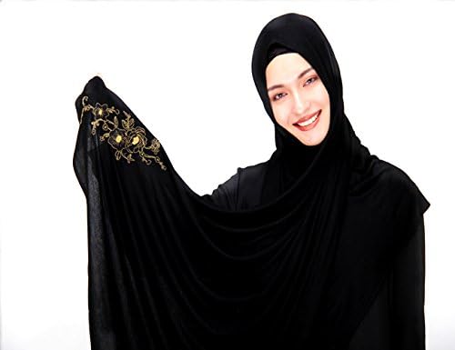 Uphily 100% Poly Jersey Hijab Scarf Long Scarf Muslim Hijab Scarf Head Cover,Black,180x75Cm
