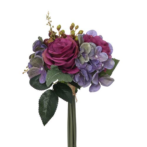 FS 28cm Artificial Purple & Wine Rose and Hydrangea Bundle with Autumn Foliage