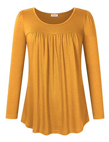 Clearlove Women's Tops and Blouses Long Sleeve Scoop Neck Plus Size Pleated Tunic T Shirt Long Sleve Yellow XXX-Large