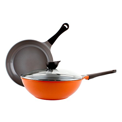 Click Here to See More Images Neoflam 51295 3 Piece Eela Cast Aluminum Ceramic Nonstick Cookware Set, Orange/Brown