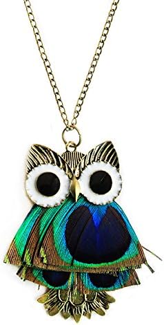 Owl Pendant Long Necklace with Peacock Feathers Vintage Retro Jewelry Necklaces for Women Girls