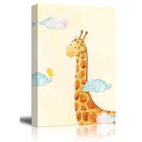 Canvas Wall Art - Hand Drawn Giraffe and Bird Above The Clouds - Giclee Print Kid