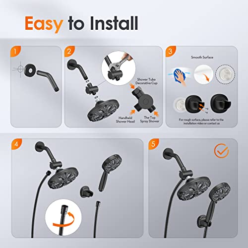 Shower Head Combo-WaterSong 14 settings 7'' Rain Showerhead+5'' Handheld Shower Spray with Build in Power Wash, 6.5ft Hose/Adjustable Mount for Bath Massage Spa, 3-Way Diverter, Matte Black