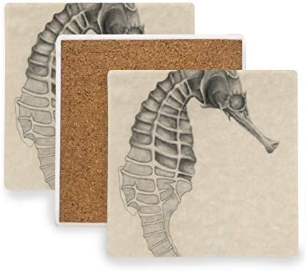 4 Pieces Absorbent Stone Coasters for Drink, Square Coasters Set with Vintage Seahorse Hand Drawn