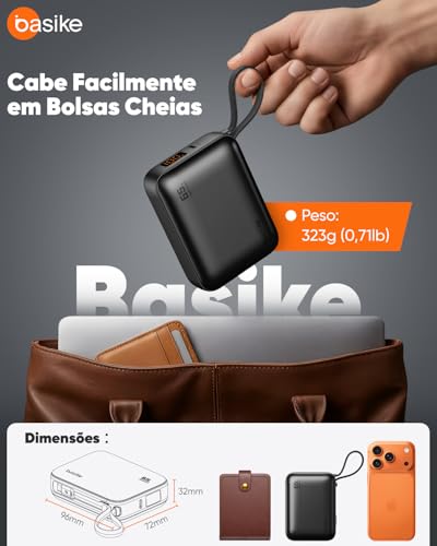 Basike Power Bank 65W, Carregador Portátil Universal 20000mAh, USB-C + Cabo Type-C Integrado e Removível, Carregamento Rápido PD/PPS para Samsung Séries S26-S21 e iPhone Séries 17-14 – Cinza