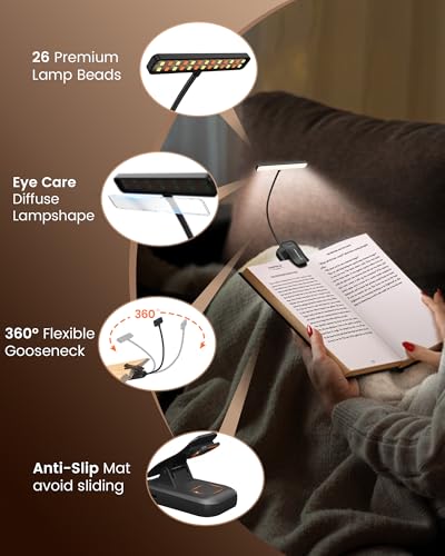 Glocusent Leselampe Buch Klemme 26 LEDs, Buchlampe mit 5 Farbtemperatur & Stufenlose Helligkeit, USB-C Wiederaufladbare Klemmlampe, Lange Laufzeit, 360° Flexibel Klemmleuchte für Nachtlesen ins Bett