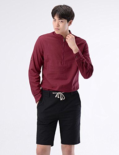 NEARKIN (NKNKN352 Beloved Mens Chinese Zipup Collar Linen Roll Up Shirts Wine US XXL(Tag Size 2XL)