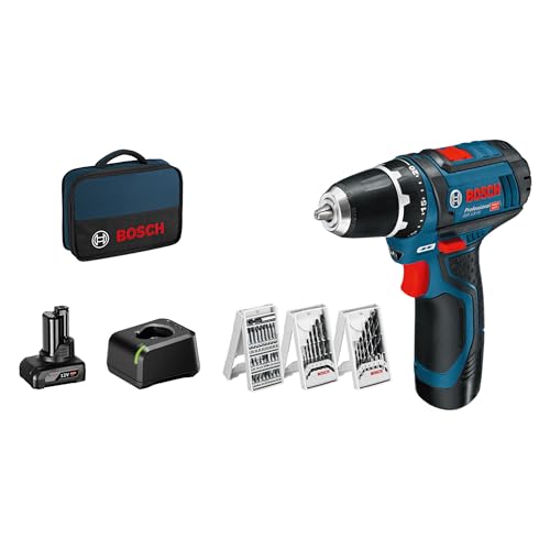 Bosch Professional 12V System Akku Bohrschrauber GSR 12V-15 (39 tlg. Zubehörset, 1x 2.0Ah Akku, 1x 4.0Ah Akku, Ladegerät, in Tasche), schwarz, blau, S
