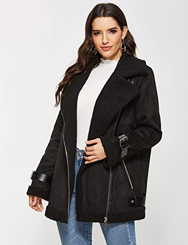 Escalier Women's Winter Lapel Faux Suede Leather Jacket with Sherpa Fleece Lining Black XL - Thumbnail 2