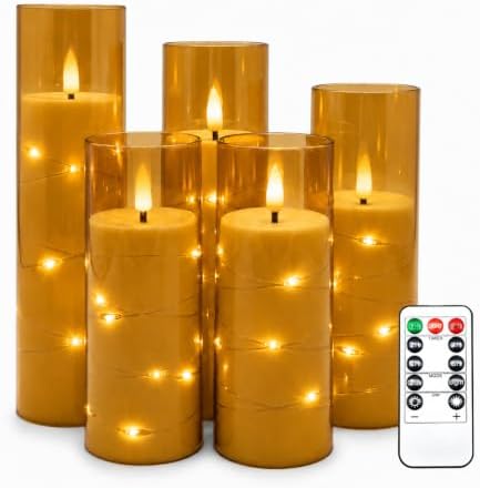 5 Candele LED Champagne con Luci Fatate Avvolgenti, Copertura Vetro Trasparente, Fiamma Tremolante Realistica, Resistenti al Caldo, 1 Telecomando per Decorazioni Interno ed Esterno