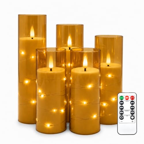 5 Bougies LED Champagne Transparentes, Guirlande Lumineuse Féerique, Flamme Scintillante Réaliste, Télécommande, Effet Verre, Réutilisables Écologiques pour Déco Intérieure et Festive