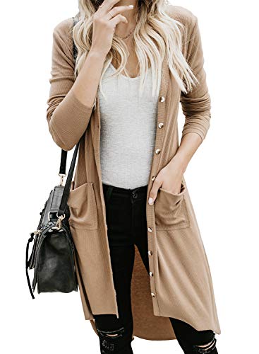 BTFBM Women Sweaters Clothings Long Sleeve Open Front Buttons High Low Hem Basic Plain Knit Pockets Long Cardigan (Khaki, Medium)