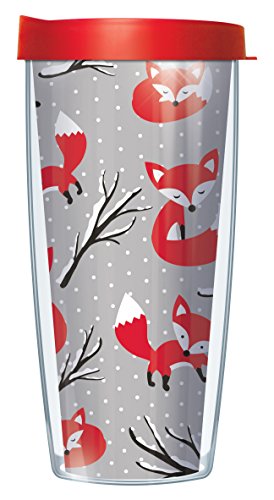 Snowy Fox Wrap on Gray 16 Ounce Double-Walled Christmas Travel Tumbler Mug with Cherry Red Easy Sip Lid