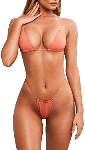 Xhonp Women's Sexy Halter Side Tie Micro Swimsuit Transparent Straps Thong Triangle Bikini Set
