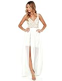 Blooming Jelly Womens White Sleeveless Deep V Neck Backless Lace Chiffon Bodycon Summer Maxi Dress,Small,White