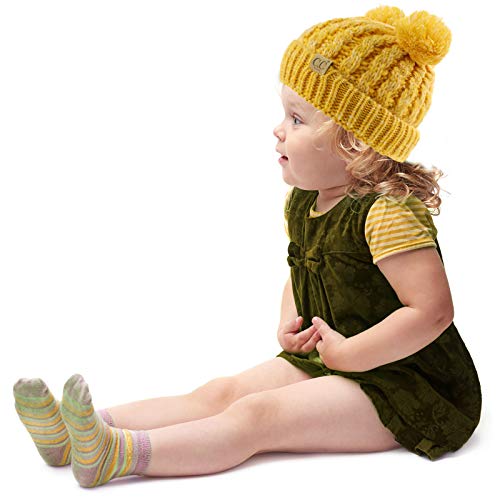 Kids Ages 2-7 Pom Pom Ears Chunky Thick Stretchy Knit Soft Beanie Hat Yellow - Thumbnail 4
